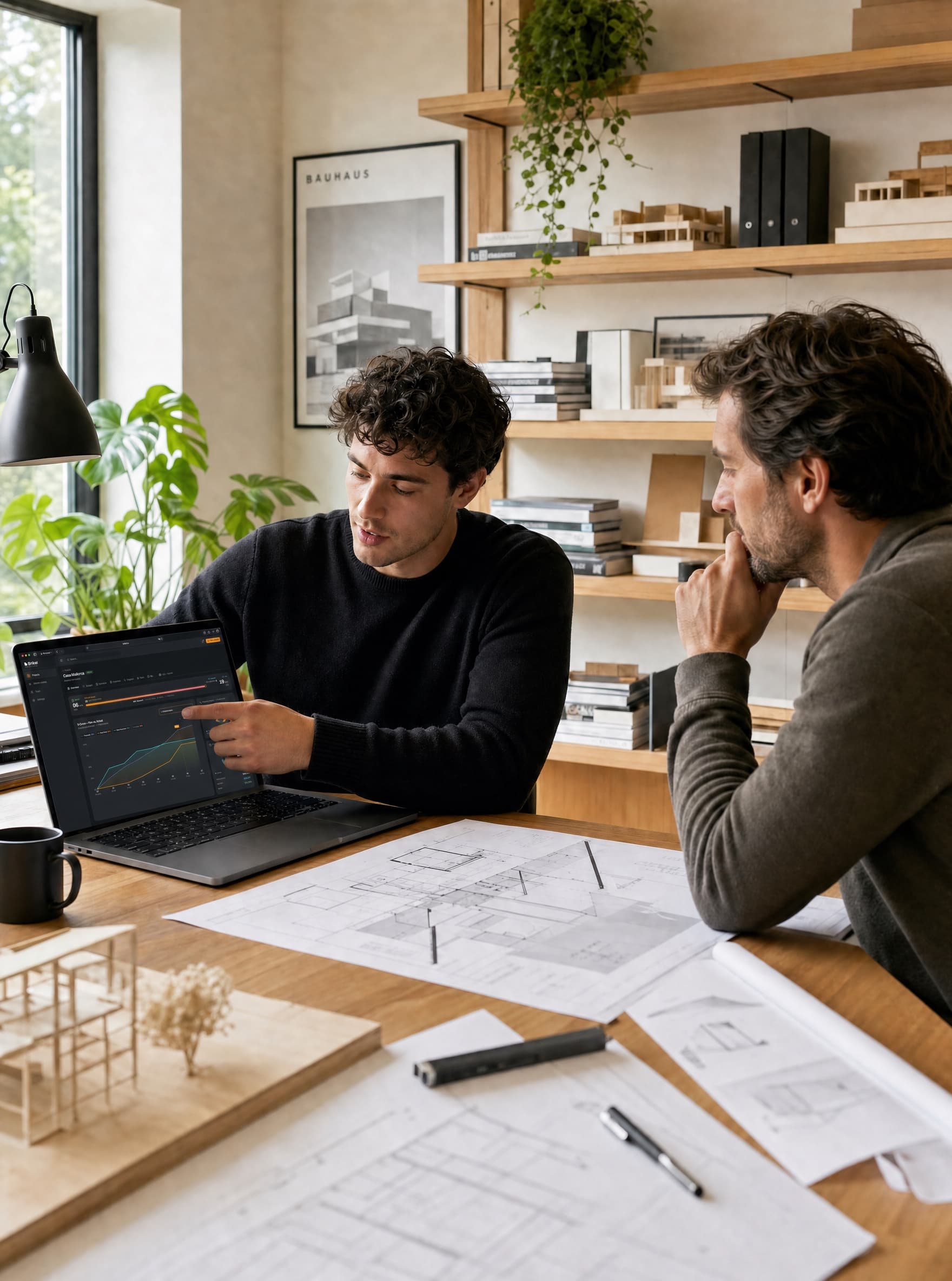 Dos arquitectos revisando una gráfica de Brikel en la laptop, en la oficina.