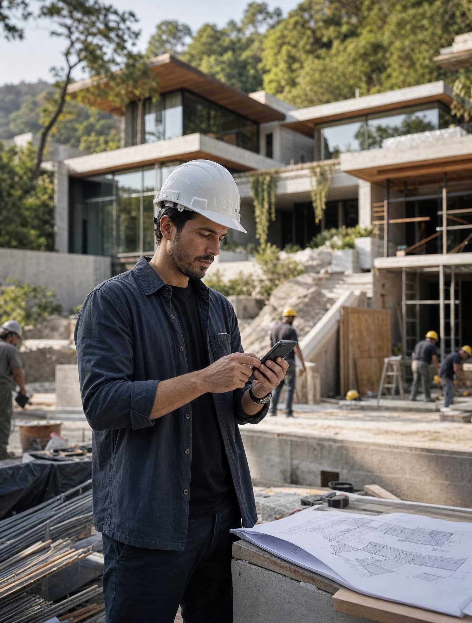 Residente de obra con casco capturando en su celular desde la obra.