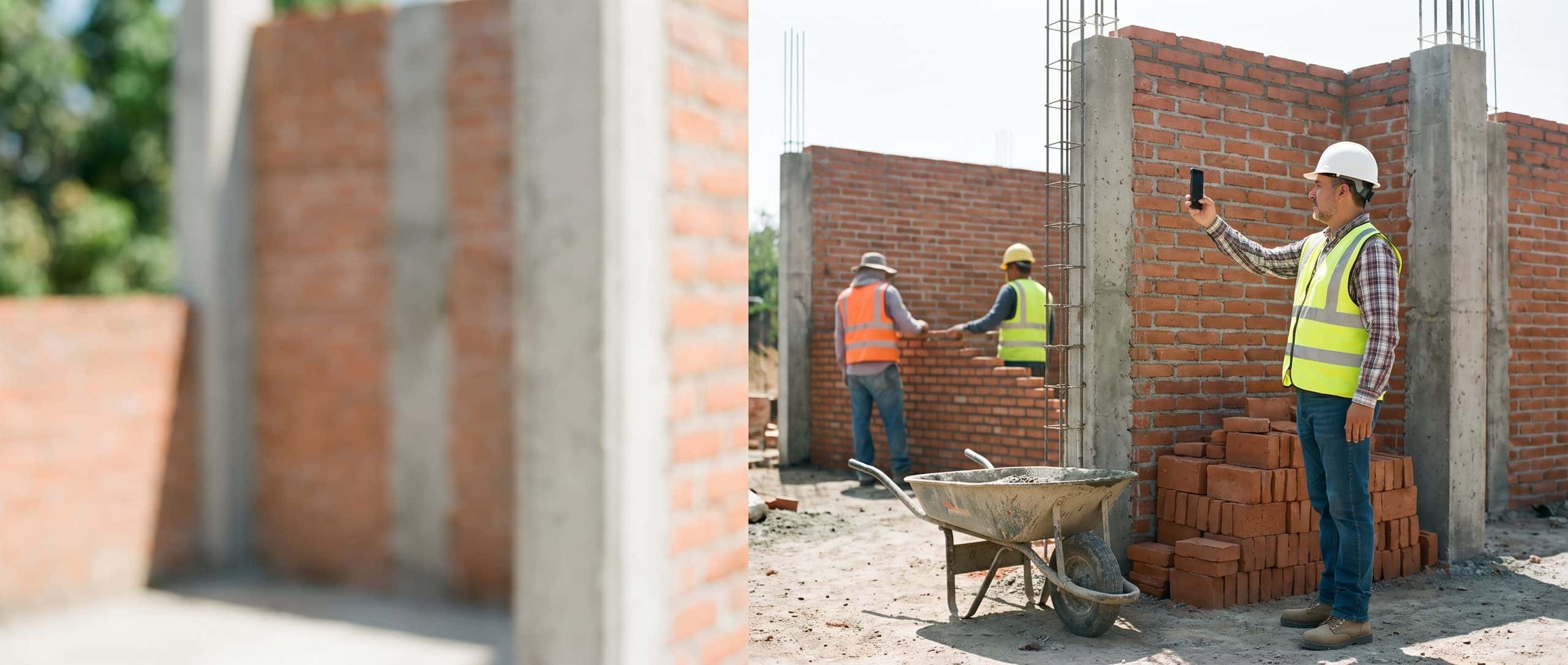 Residente de obra tomando una foto del avance de un muro de tabique con castillos.