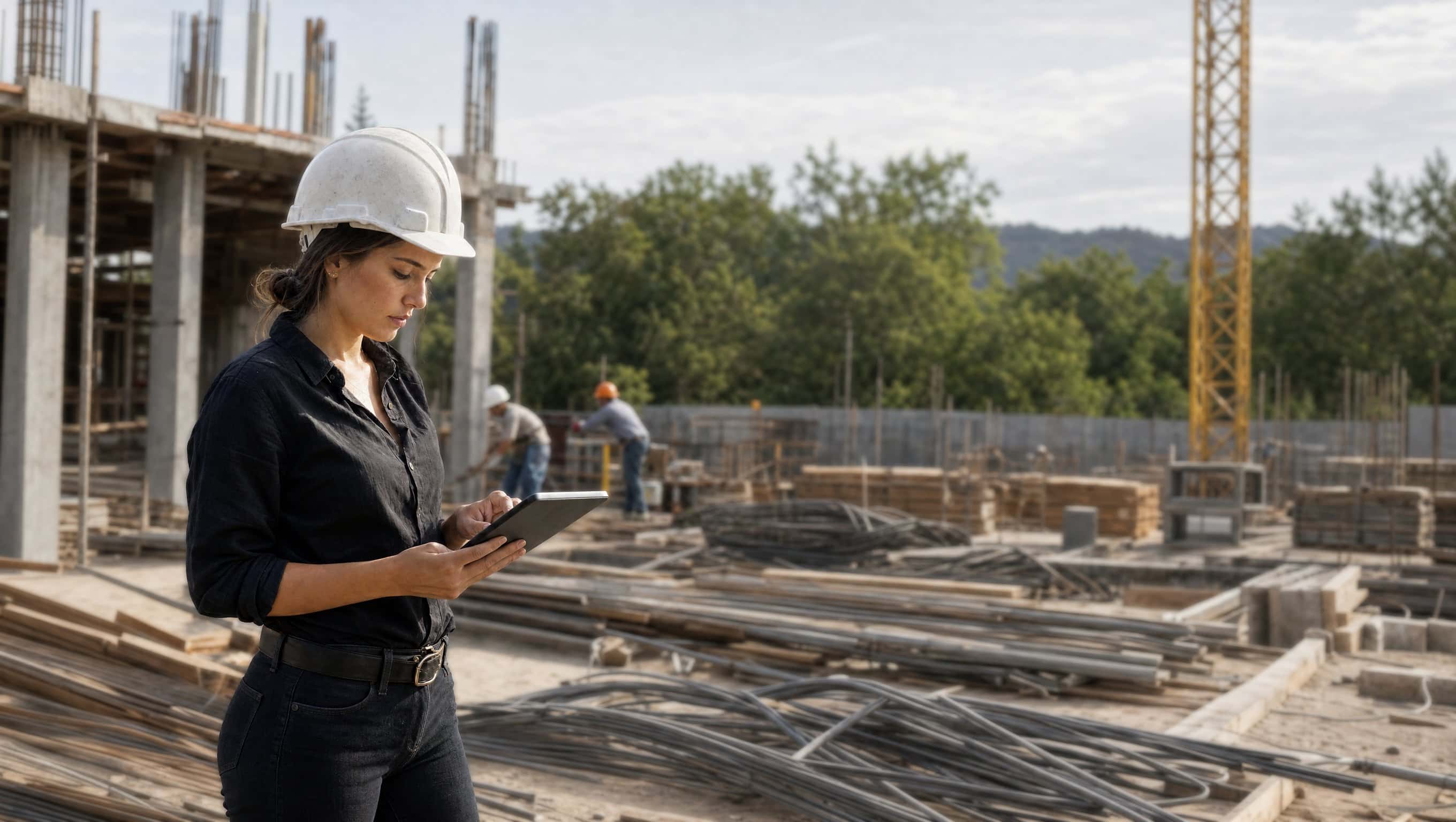 Arquitecta con casco revisando el avance de la obra en su tableta.