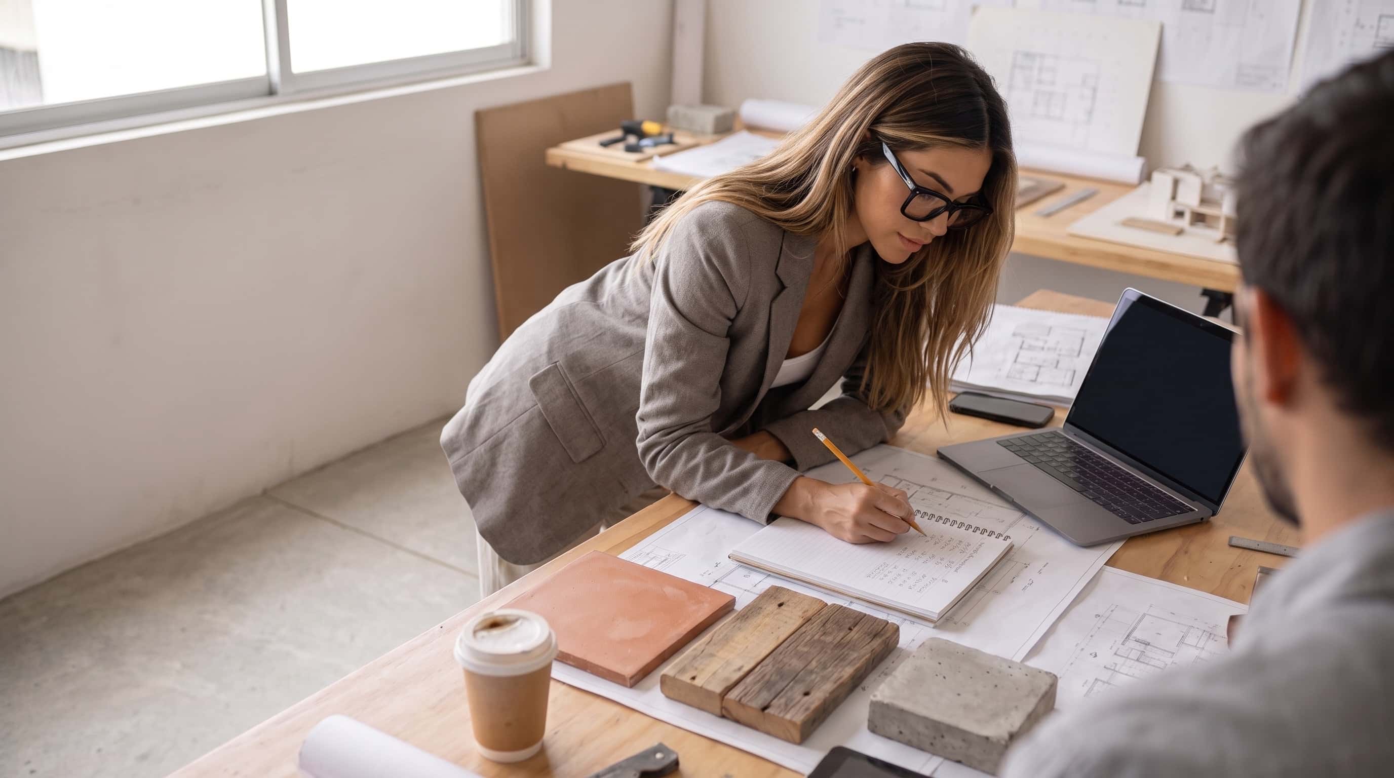 Arquitecta revisando planos y una libreta de cálculos sobre la mesa de trabajo de su estudio.